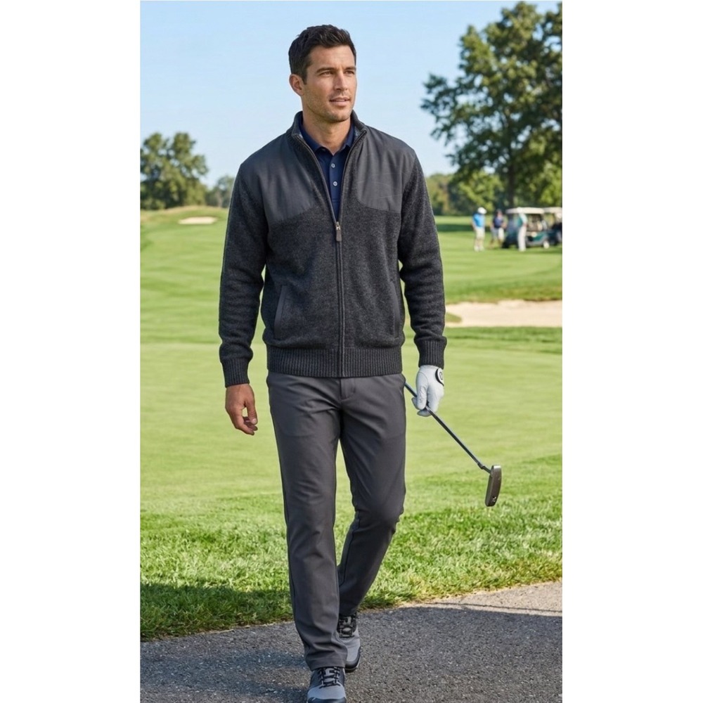 Orvis Mens Wool Full Zip Cardigan Sweater L Gray Quilted Shoulder Patch Lined